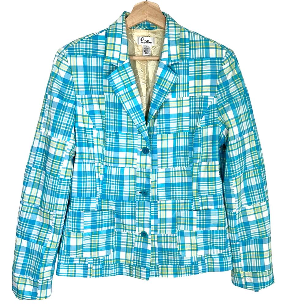 Lilly Pulitzer‎ Alison Jacket Blazer Cotton Plaid | Blue Green | SZ M